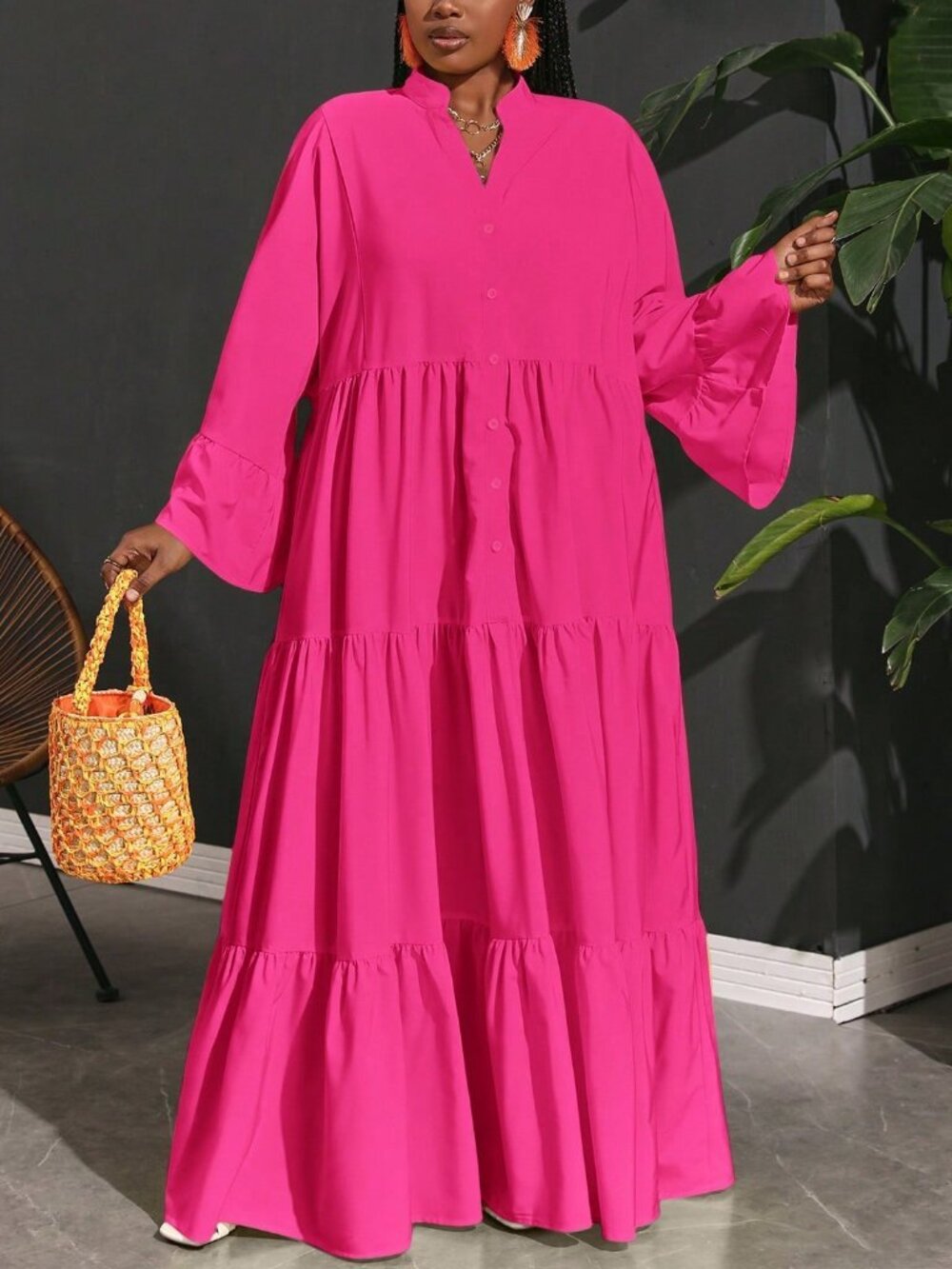 Hot Pink Cute Women's Plus Size Vacation Casual Loose Woven A-Line Shirt Dress - Picture 5 of 8